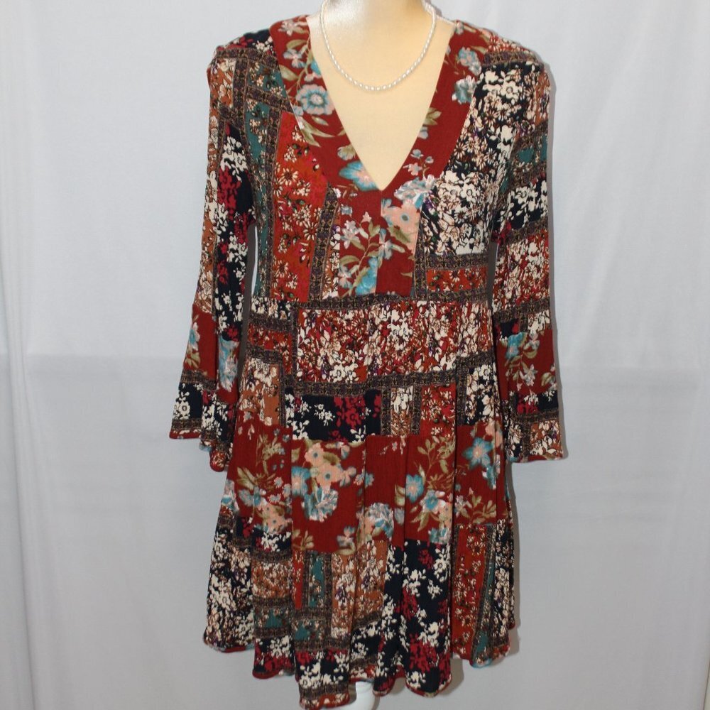 Entro V-Neck Patchwork Pattern Long Sleeve Boho Dress